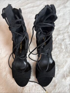 Shoe Republic LA Black Suede Lace-Up Stiletto Heels